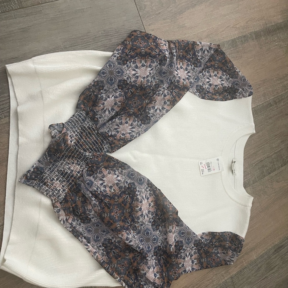 White Top with Patterned Sleeves
